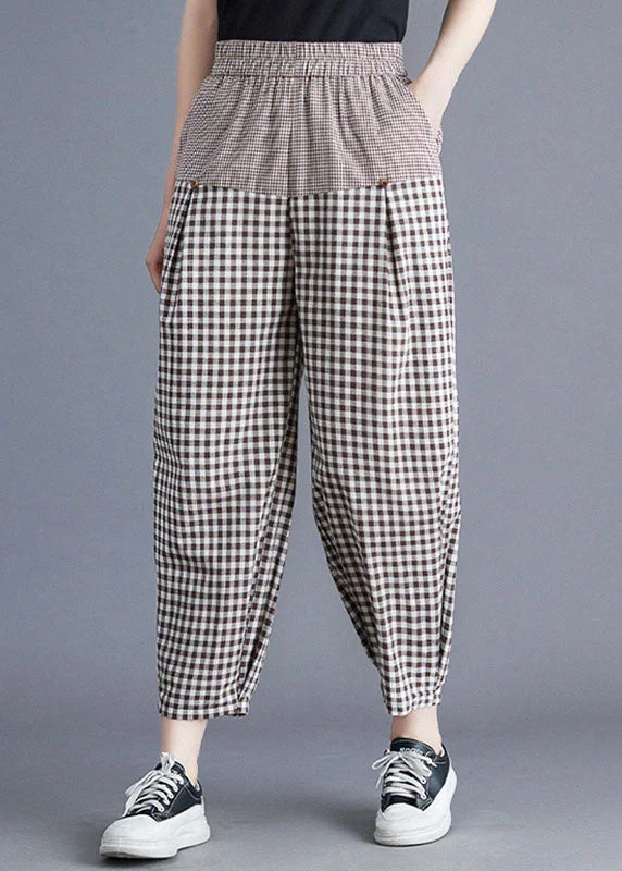 Casual Khaki Plaid Elastic Waist Patchwork Linen Harem Pants Summer