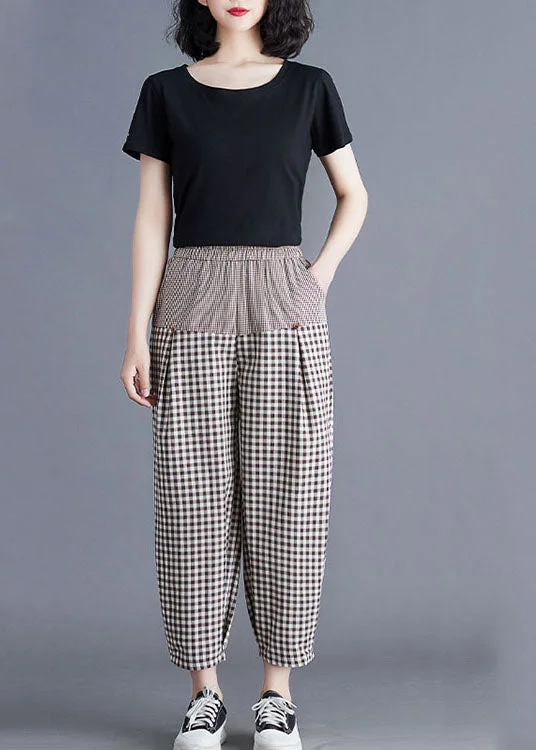 Casual Khaki Plaid Elastic Waist Patchwork Linen Harem Pants Summer