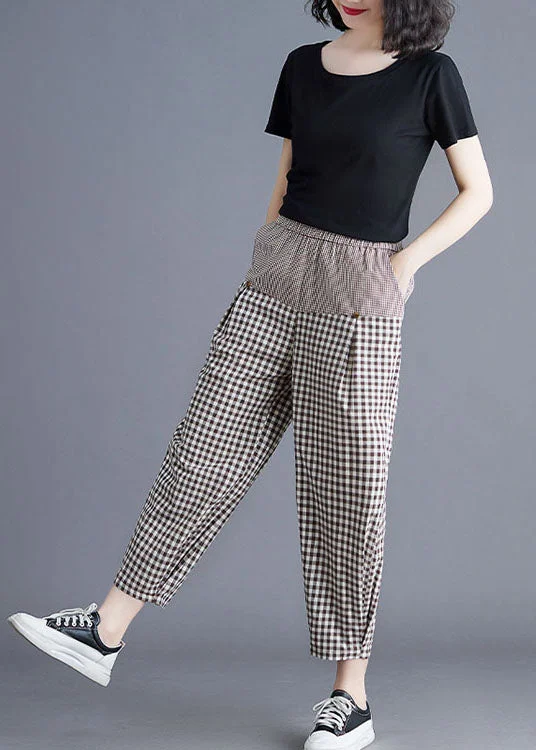 Casual Khaki Plaid Elastic Waist Patchwork Linen Harem Pants Summer