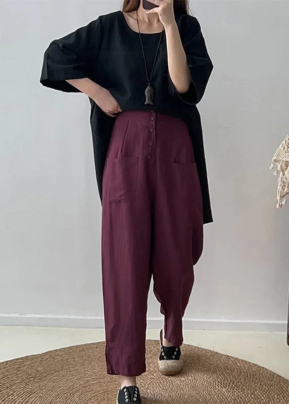 Casual Purple High Waist Button Down Cotton Pants Trousers Fall