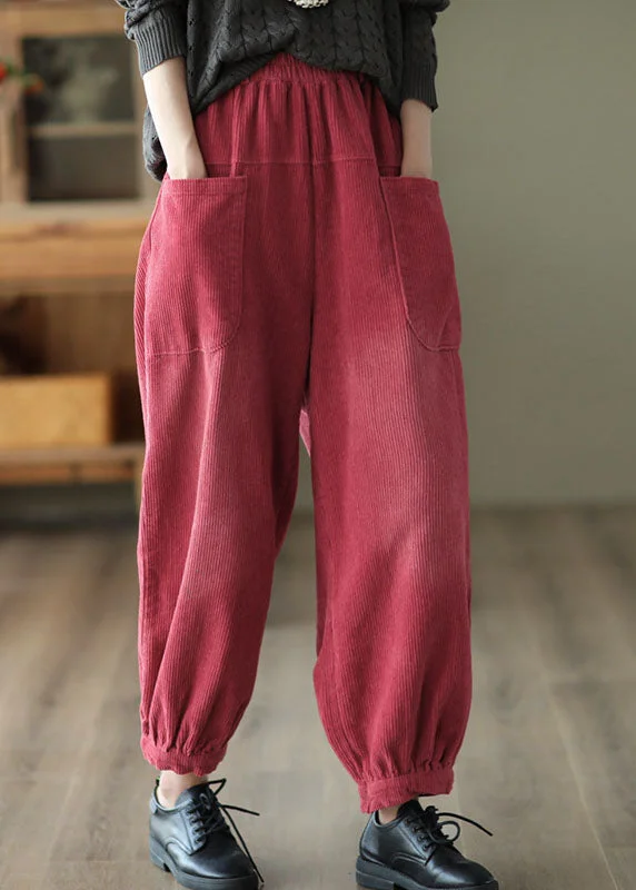 Casual Red Elastic Waist Pockets Warm Fleece Corduroy Harem Pants Winter