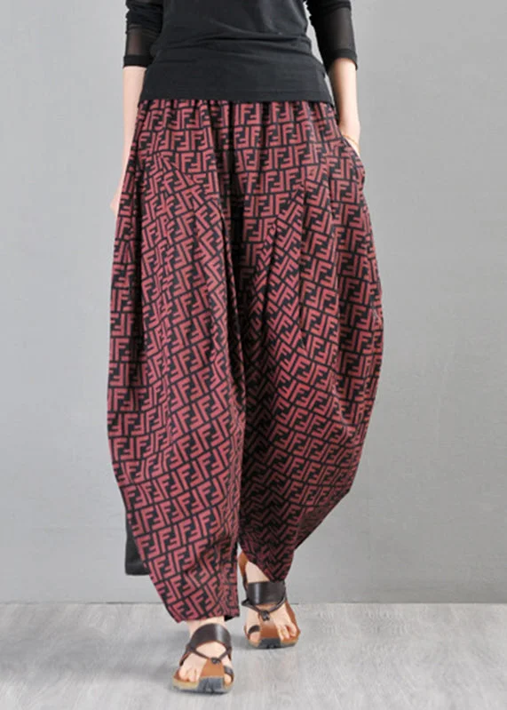 Casual Red Pockets Cotton Wide Leg Pants Summer