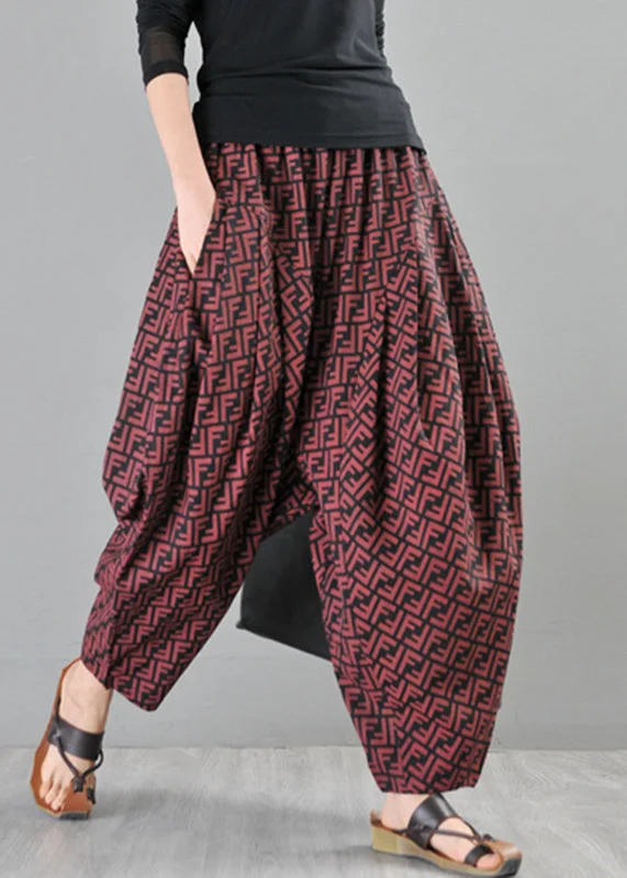 Casual Red Pockets Cotton Wide Leg Pants Summer