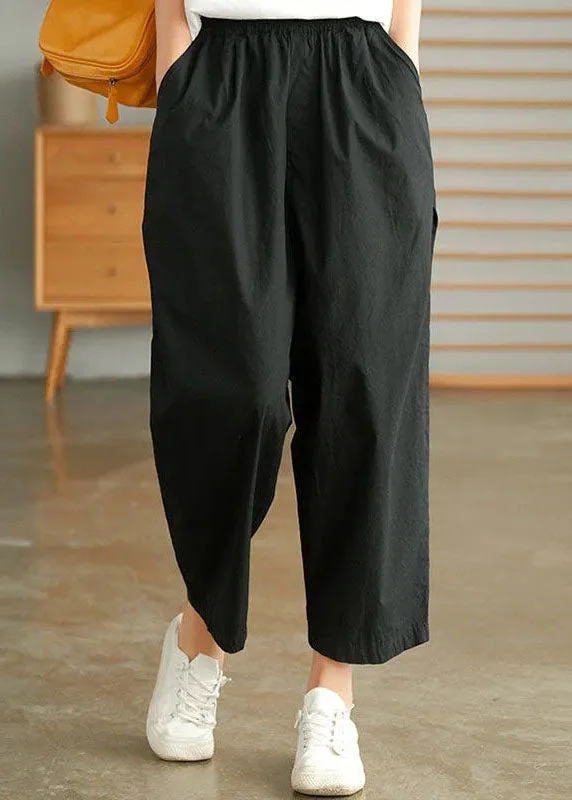 Casual Rose Pockets Elastic Waist Patchwork Linen Crop Pants Summer