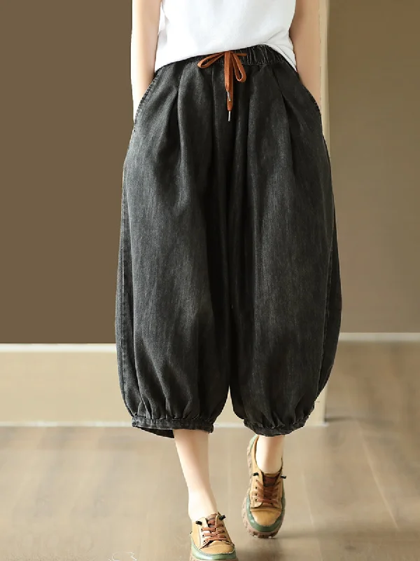 Casual Solid Color Drawstring Pocket Denim Harem Pants