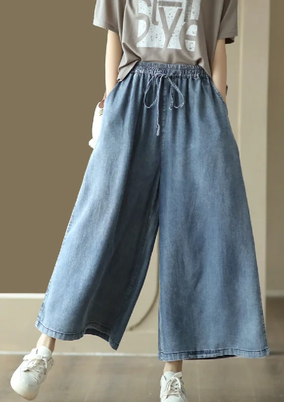 Casual Solid Washed Drawstring Wide-leg Denim Pants