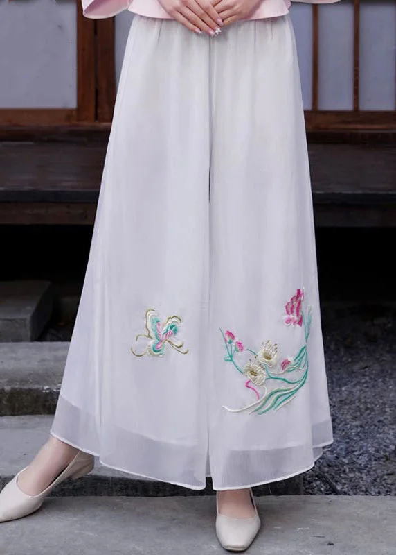 Casual White Elastic Waist Embroideried Chiffon Wide Leg Pants Spring