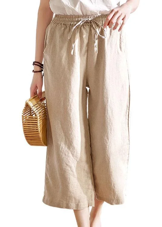 Chic Beige Pockets Casual Wide Leg Summer Pants Linen