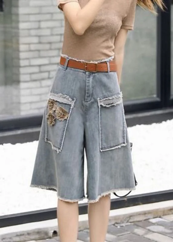 Chic Blue Floral High Waist Sashes Denim Crop Pants Summer