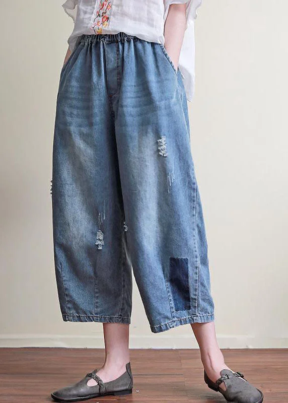 Chic Blue Pockets Elastic Waist Patchwork Cotton Crop Pants Summer