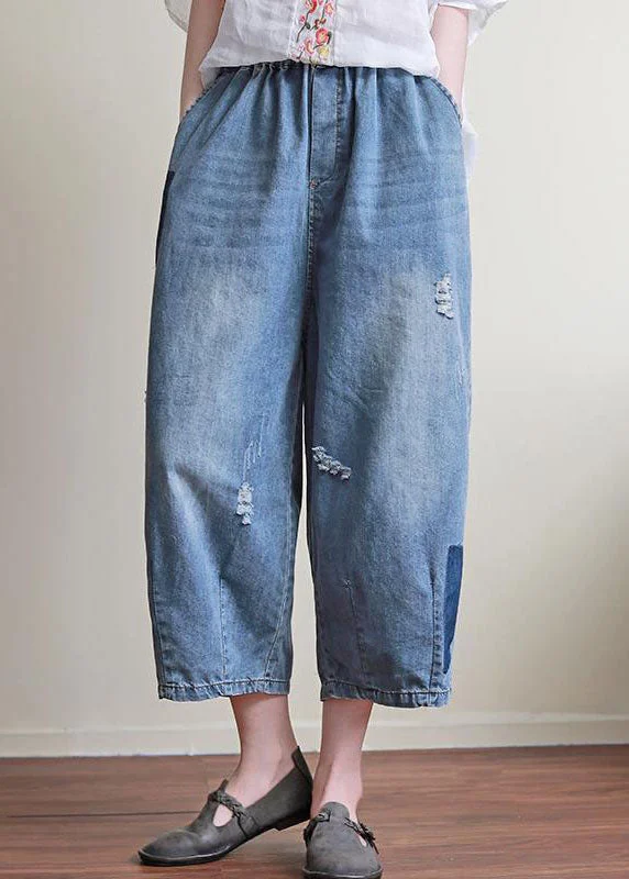 Chic Blue Pockets Elastic Waist Patchwork Cotton Crop Pants Summer