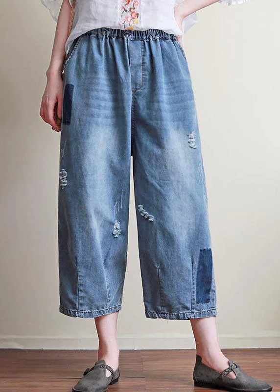 Chic Blue Pockets Elastic Waist Patchwork Cotton Crop Pants Summer