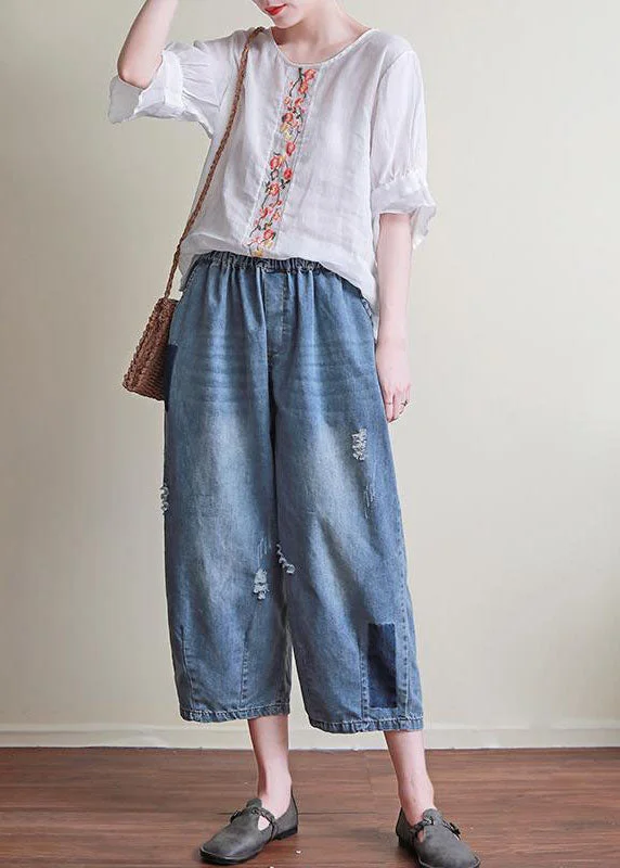 Chic Blue Pockets Elastic Waist Patchwork Cotton Crop Pants Summer