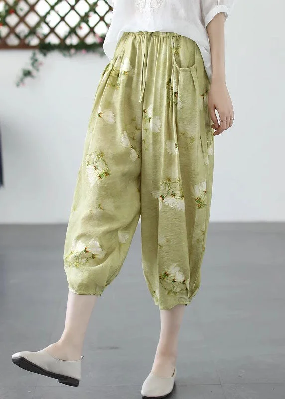 Chic Green Print Pockets Patchwork Linen Harem Pants Summer