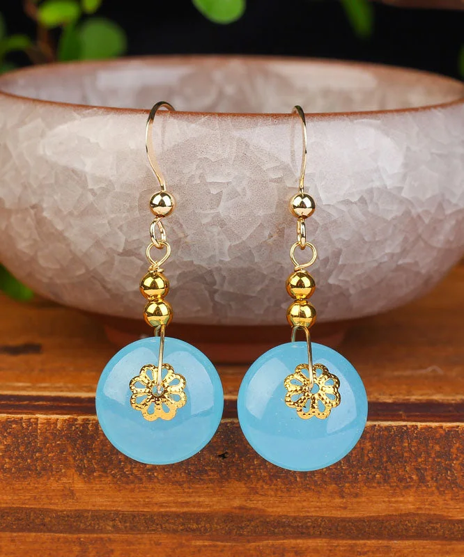 Chic Sea Blue Sterling Silver 14K Gold Chalcedony Drop Earrings