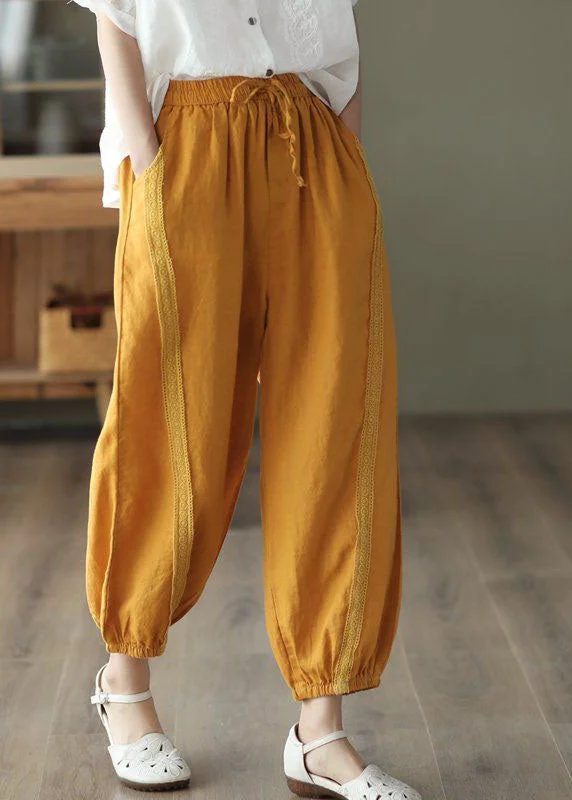 Chic Yellow Pockets Patchwork Linen Harem Pants Summer