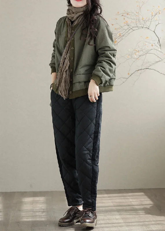 Classy Black Elastic Waist Patchwork Fine Cotton Filled Pants Winter