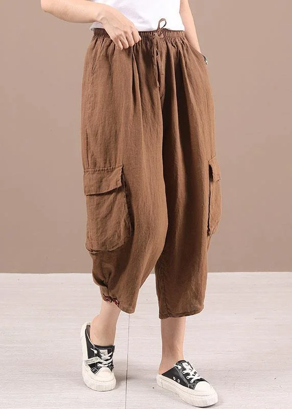 Classy Khaki retro Pockets Summer Linen Pants