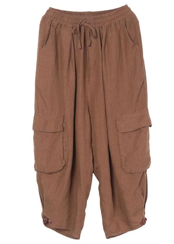 Classy Khaki retro Pockets Summer Linen Pants