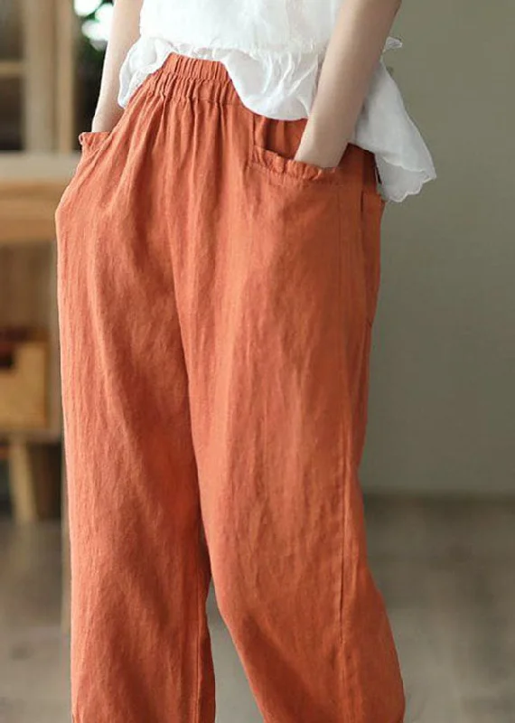 Classy Orange Wrinkled Pockets Patchwork Linen Crop Pants Summer