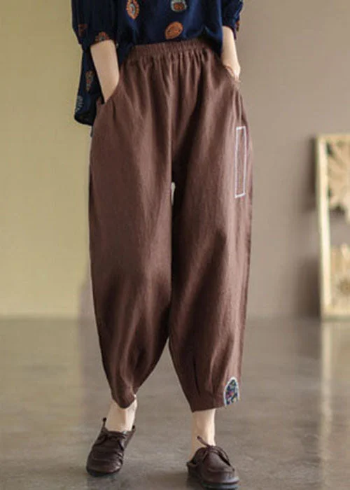 Coffee Patchwork Linen Crop Pants High Waist Applique Fall