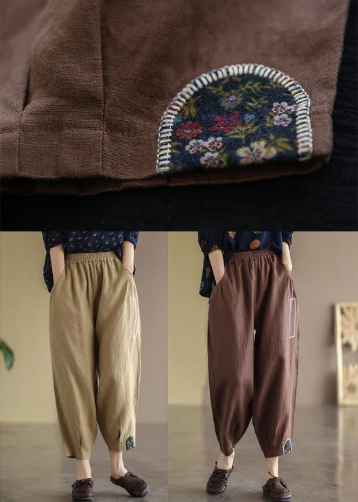 Coffee Patchwork Linen Crop Pants High Waist Applique Fall