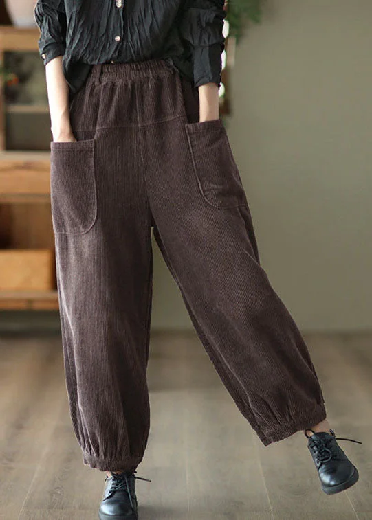 Coffee Patchwork Warm Fleece Harem Pants Elastic Waist Pockets Winter