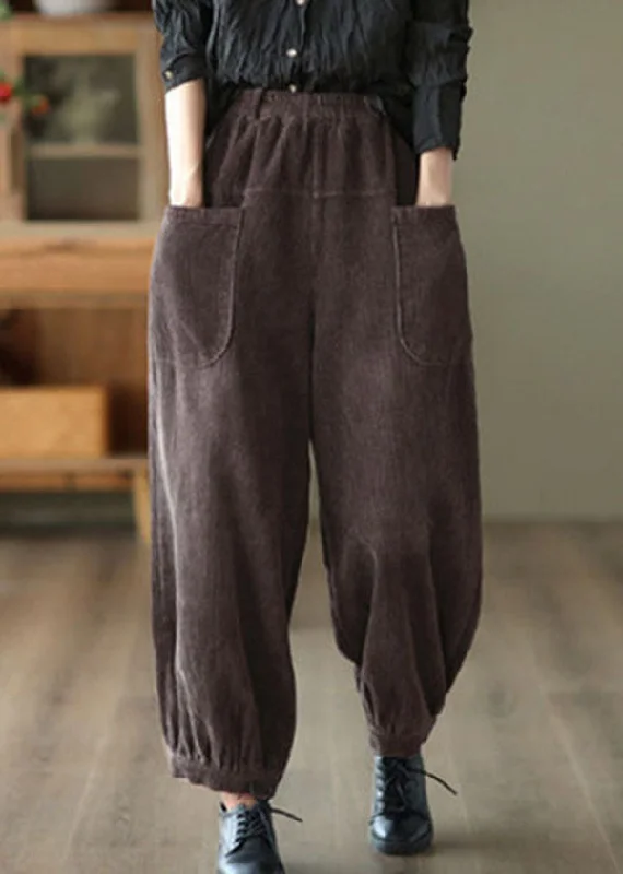 Coffee Patchwork Warm Fleece Harem Pants Elastic Waist Pockets Winter