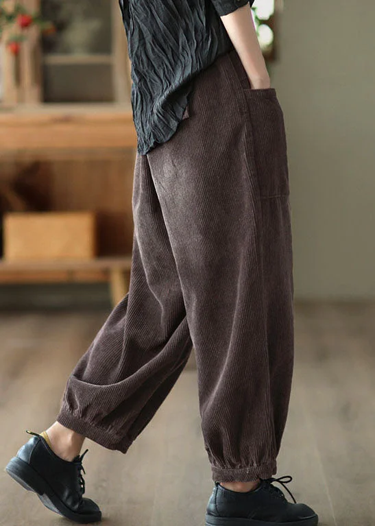 Coffee Patchwork Warm Fleece Harem Pants Elastic Waist Pockets Winter