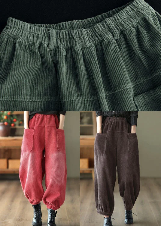 Coffee Patchwork Warm Fleece Harem Pants Elastic Waist Pockets Winter