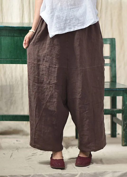 Coffee Pockets Patchwork Elastic Waist Linen Pants Summer