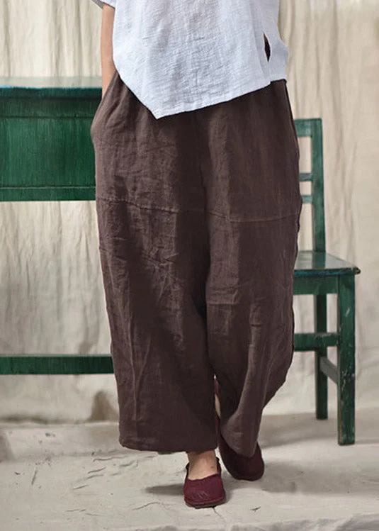 Coffee Pockets Patchwork Elastic Waist Linen Pants Summer