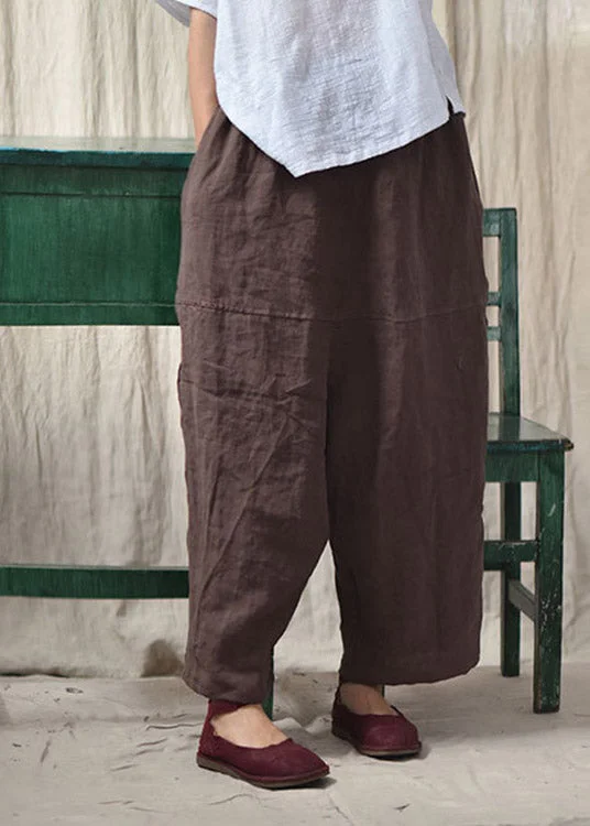 Coffee Pockets Patchwork Elastic Waist Linen Pants Summer