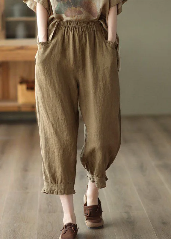 Coffee Pockets Patchwork Linen Crop Pants Cinched Summer