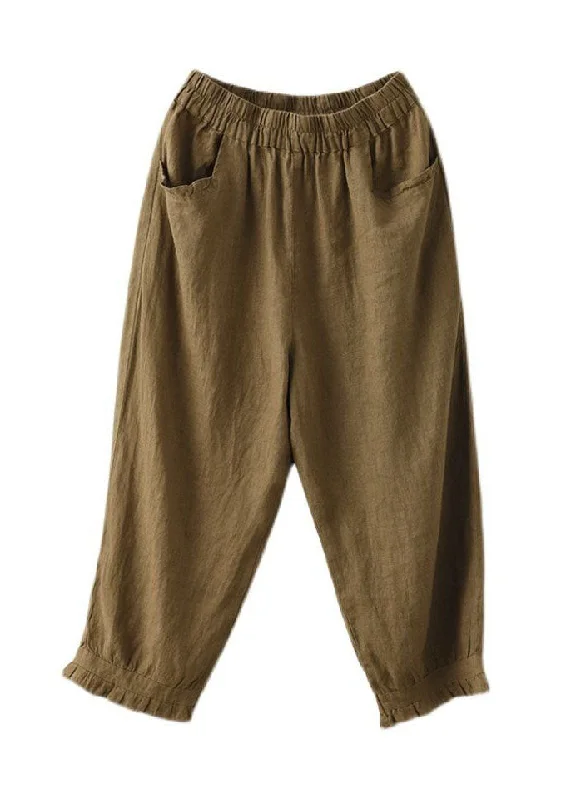 Coffee Pockets Patchwork Linen Crop Pants Cinched Summer