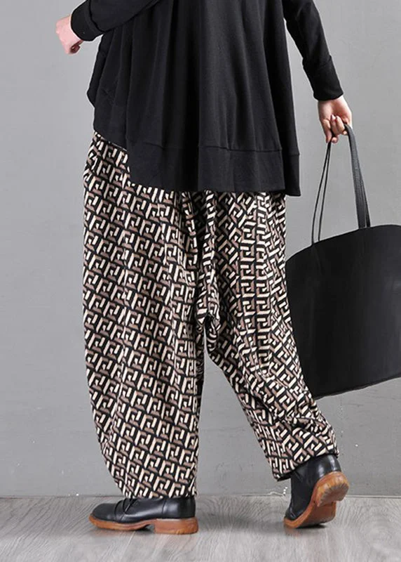 Coffee Pockets Print Elastic Waist Pants Fall