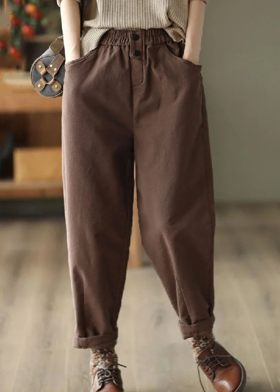 Coffee Slim Cotton Harem Pants Elastic Waist Solid Fall