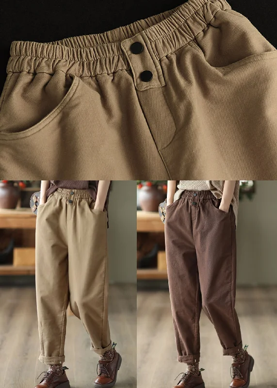 Coffee Slim Cotton Harem Pants Elastic Waist Solid Fall