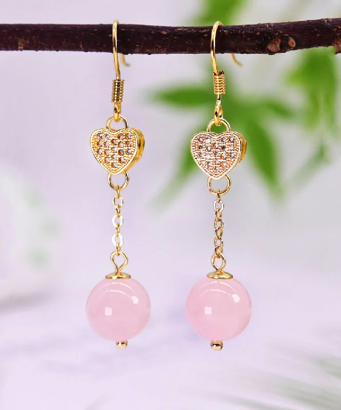 Cute Pink Sterling Silver Overgild Crystal Zircon Love Drop Earrings