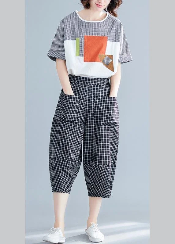 DIY Black Plaid Harem Pants Trousers Summer Cotton Linen