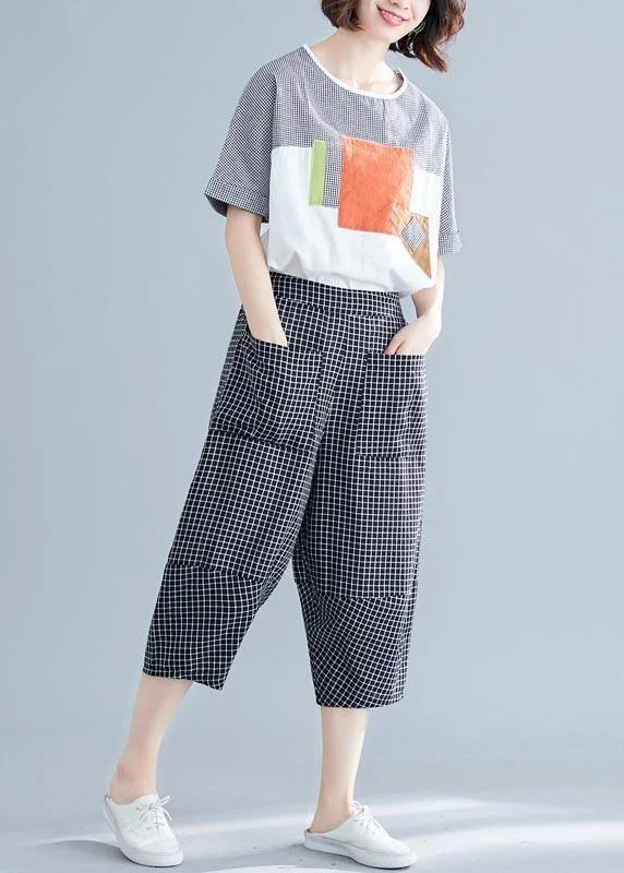 DIY Black Plaid Harem Pants Trousers Summer Cotton Linen