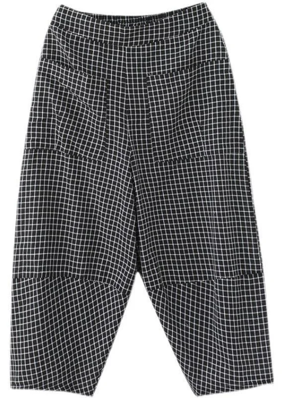 DIY Black Plaid Harem Pants Trousers Summer Cotton Linen