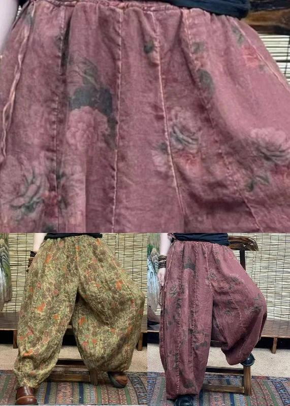 Diy Brick Red Pockets Print Patchwork Linen Lantern  Pants Summer