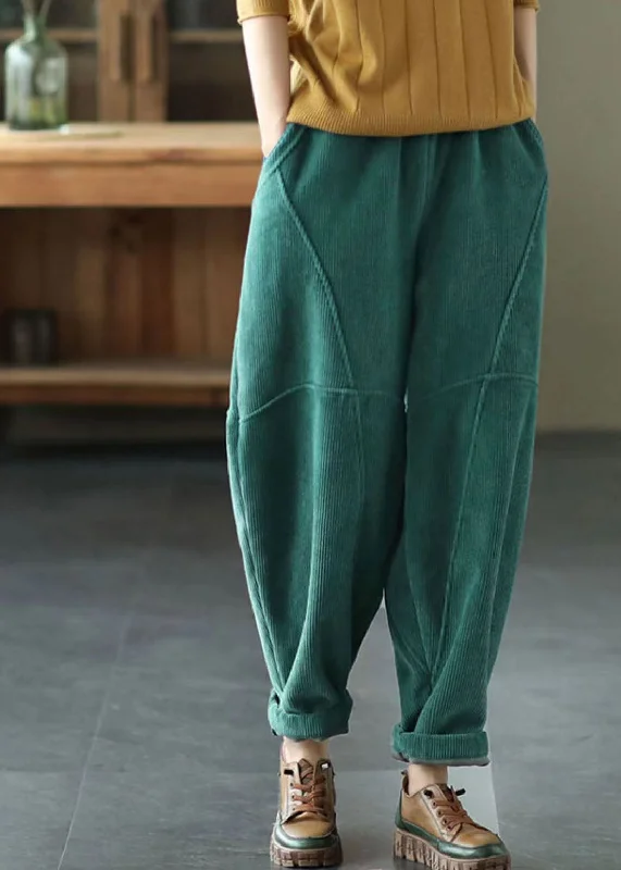 Diy Green Elastic Waist Patchwork Corduroy Harem Pants Winter