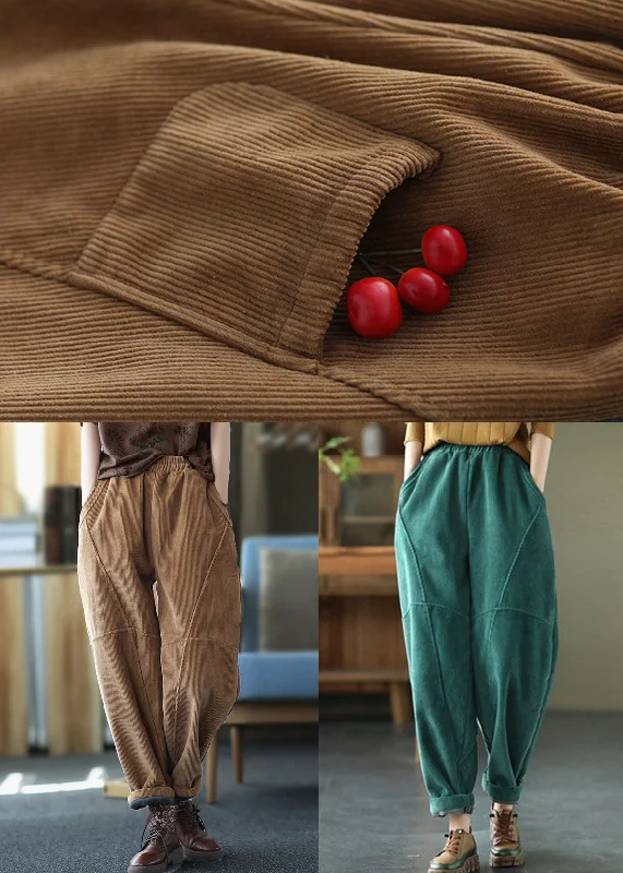 Diy Green Elastic Waist Patchwork Corduroy Harem Pants Winter