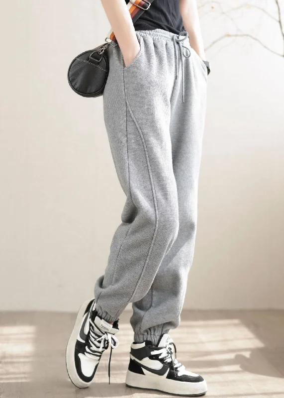 Diy Grey Elastic Waist Solid Patchwork Warm Fleece Pants Winter