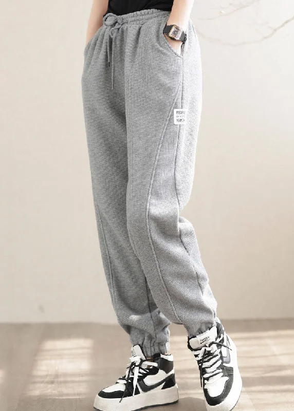 Diy Grey Elastic Waist Solid Patchwork Warm Fleece Pants Winter