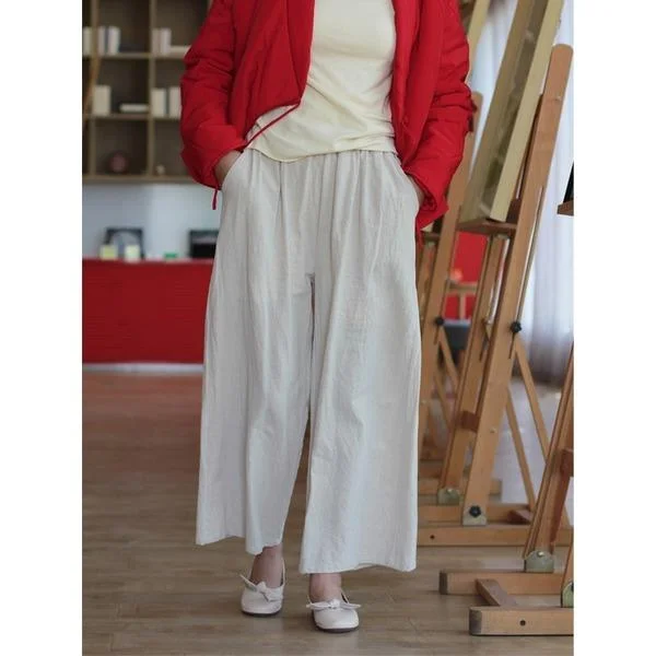 Elastic Waist Wide Leg Pants Ladies Vintage Cotton Linen Trousers