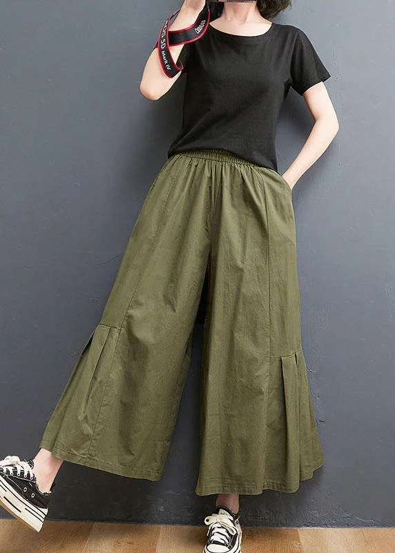 Elegant Army Green Elastic Waist Wide Leg Pants Trousers Summer Cotton