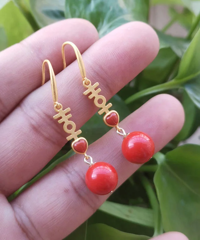 Elegant Red Cinnabar Sterling Silver Inlaid Agate Double Happiness Drop Earrings